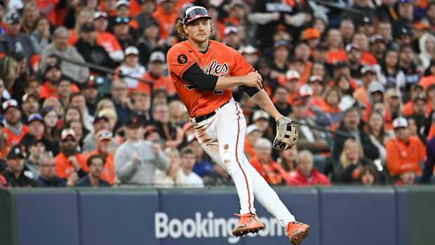 Oct 8, 2023; Baltimore, Maryland, USA; Baltimore Orioles third baseman Gunnar Henderson (2) throws to first base during game two of the ALDS for the 2023 MLB playoffs against the Texas Rangers at Oriole Park at Camden Yards. Mandatory Credit: Tommy Gilligan-USA TODAY Sports